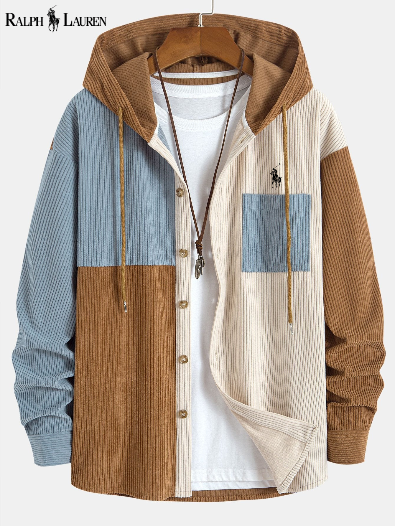 ᏒᎪᏞᏢᎻ ᏞᎪՍᏒЕΝ - Sudadera con capucha de pana Relax Fit Colorblock